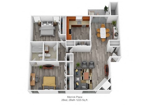 Floor plan for 2 beds, 2 baths, 1225 sqft